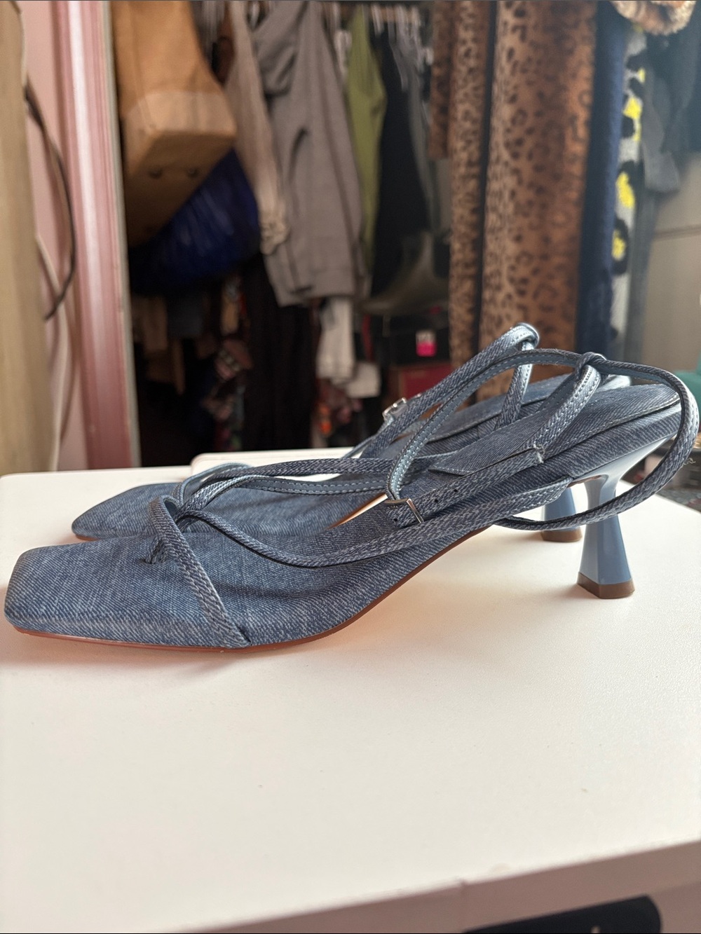 Forever 21 Denim-Look Strappy Square-Toe Sandals - Blue - Picture 2 of 8